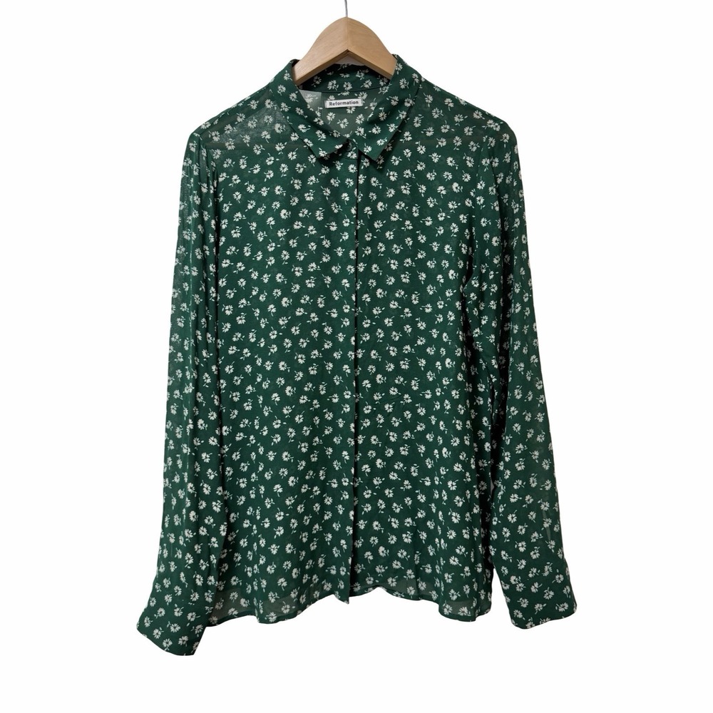 Reformation Womens Willa Ditsy Floral Button Up Shirt Size L Green Cottagecore